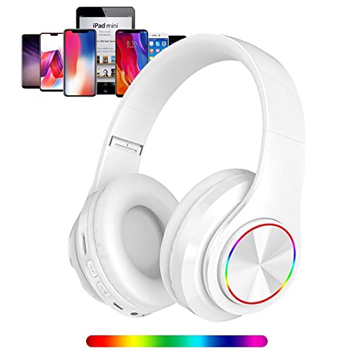 LFGKeng Wireless Bluetooth Headphones with Colorful LED Lights, Built-in Mic, Lightweight, Foldable HiFi Stereo Deep Bass Headphones for Classroom/Home Office/PC/Mobile Phone/Kids Adult (White)