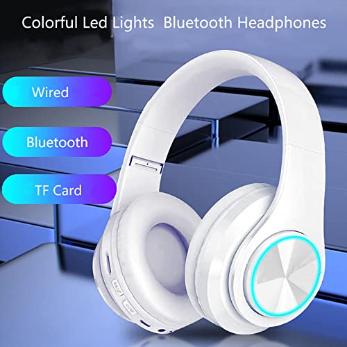 LFGKeng Wireless Bluetooth Headphones with Colorful LED Lights, Built-in Mic, Lightweight, Foldable HiFi Stereo Deep Bass Headphones for Classroom/Home Office/PC/Mobile Phone/Kids Adult (White)