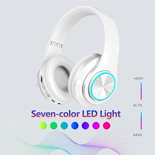 LFGKeng Wireless Bluetooth Headphones with Colorful LED Lights, Built-in Mic, Lightweight, Foldable HiFi Stereo Deep Bass Headphones for Classroom/Home Office/PC/Mobile Phone/Kids Adult (White)