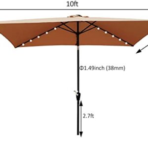i-POOK 10 x 6.5 FT Rectangular Patio Umbrellas with 26 Solar LED Light, Market Table Waterproof Umbrellas Sunshade with Crank and Push Button Tilt Patio Hanging Umbrella for Garden Deck Pool, Brown