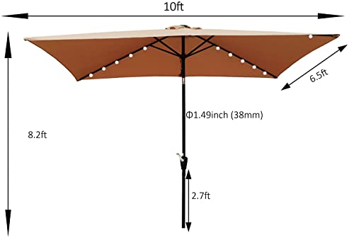 i-POOK 10 x 6.5 FT Rectangular Patio Umbrellas with 26 Solar LED Light, Market Table Waterproof Umbrellas Sunshade with Crank and Push Button Tilt Patio Hanging Umbrella for Garden Deck Pool, Brown