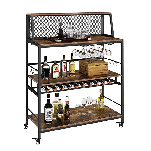 Jevindo Bar Carts for The Home, 41 Inches Liquor Cabinet, Modern Bar Cabinet with Movable Wheels Base, Wine Glasses Holder and Bottles Rack for Kitchen, Living Room, Dining Room, Rustic Brown