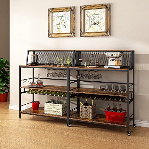Jevindo Bar Carts for The Home, 41 Inches Liquor Cabinet, Modern Bar Cabinet with Movable Wheels Base, Wine Glasses Holder and Bottles Rack for Kitchen, Living Room, Dining Room, Rustic Brown