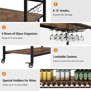 Jevindo Bar Carts for The Home, 41 Inches Liquor Cabinet, Modern Bar Cabinet with Movable Wheels Base, Wine Glasses Holder and Bottles Rack for Kitchen, Living Room, Dining Room, Rustic Brown