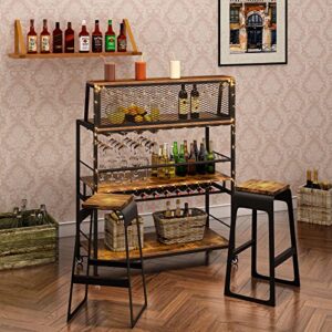 Jevindo Bar Carts for The Home, 41 Inches Liquor Cabinet, Modern Bar Cabinet with Movable Wheels Base, Wine Glasses Holder and Bottles Rack for Kitchen, Living Room, Dining Room, Rustic Brown