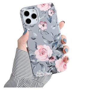 yelovehaw designed for iphone 14 pro case for women girls, soft slim full-around protective cute case, floral & purple gray leaves pattern, compatible with iphone 14pro 2022 6.1'' (pink flowers)