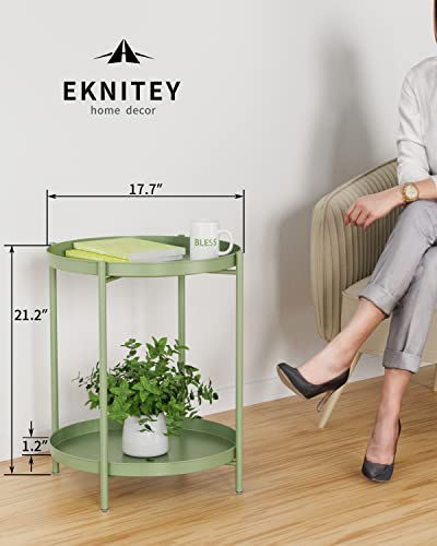 EKNITEY 2 Tier End Table - Metal Side Table Waterproof Small Sofa Coffee Side Tables Bedroom Indoor Outdoor with Removable Tray for Living Room Bedroom Balcony and Office (Atrovirens)