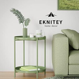 EKNITEY 2 Tier End Table - Metal Side Table Waterproof Small Sofa Coffee Side Tables Bedroom Indoor Outdoor with Removable Tray for Living Room Bedroom Balcony and Office (Atrovirens)