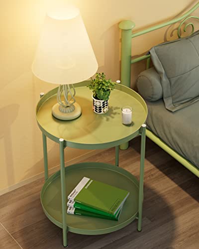 EKNITEY 2 Tier End Table - Metal Side Table Waterproof Small Sofa Coffee Side Tables Bedroom Indoor Outdoor with Removable Tray for Living Room Bedroom Balcony and Office (Atrovirens)