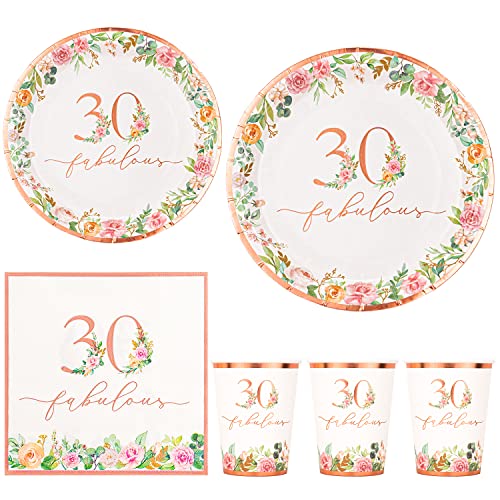 Crisky 30th Birthday Napkins and Plates for Women Rose Gold Floral Party Decoration, 30 and Fabulous Plates and Napkins for Women 30th Birthday.