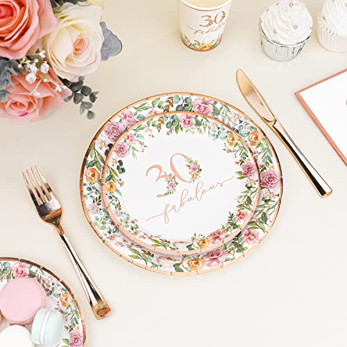 Crisky 30th Birthday Napkins and Plates for Women Rose Gold Floral Party Decoration, 30 and Fabulous Plates and Napkins for Women 30th Birthday.