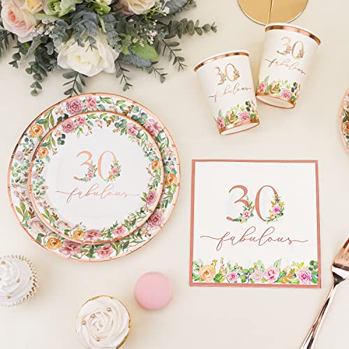 Crisky 30th Birthday Napkins and Plates for Women Rose Gold Floral Party Decoration, 30 and Fabulous Plates and Napkins for Women 30th Birthday.