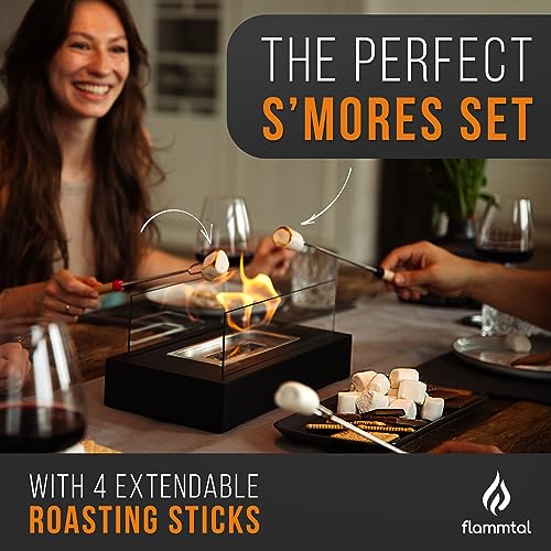 Flammtal Tabletop Fire Pit [3h Burning Time] - Table Top Firepit Indoor & Outdoor - Smores Maker with 4 Roasting Sticks - Portable Fire Pit with Adjustable Flames - Ethanol Table Top Fire Pit Bowl