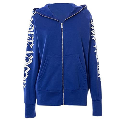 PLAYPUNK Women Zip Up Hoodie Y2k Letter Graphic Print Rhinestone Oversized Hoodies Gothic Jacket Vintage Streetwear Blue