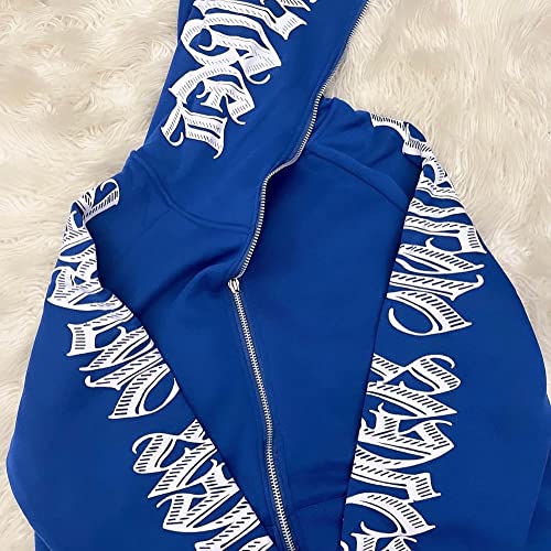 PLAYPUNK Women Zip Up Hoodie Y2k Letter Graphic Print Rhinestone Oversized Hoodies Gothic Jacket Vintage Streetwear Blue