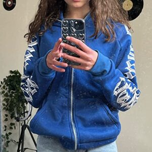 PLAYPUNK Women Zip Up Hoodie Y2k Letter Graphic Print Rhinestone Oversized Hoodies Gothic Jacket Vintage Streetwear Blue