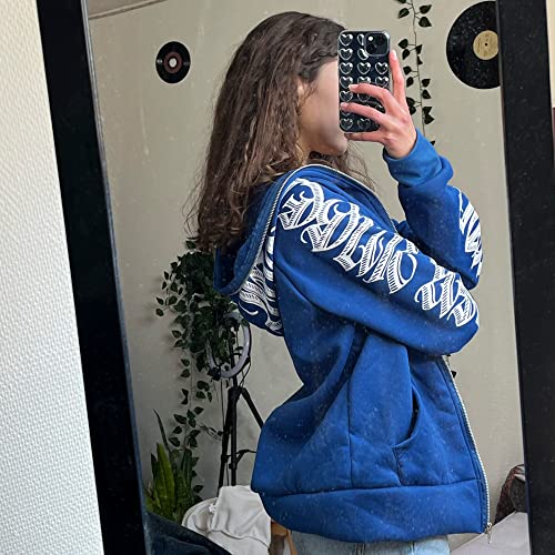 PLAYPUNK Women Zip Up Hoodie Y2k Letter Graphic Print Rhinestone Oversized Hoodies Gothic Jacket Vintage Streetwear Blue