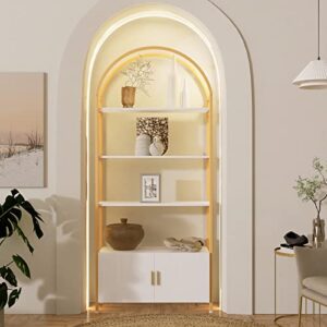 jehiatek gold bookshelf, arched bookcase with doors storage, 71" tall industrial book shelf with sturdy metal frame, e1 quality boards, freestanding display shelving unit, white and gold