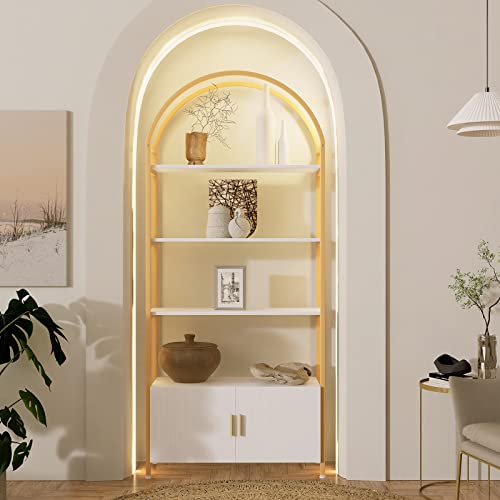 Jehiatek Gold Bookshelf, Arched Bookcase with Doors Storage, 71" Tall Industrial Book Shelf with Sturdy Metal Frame, E1 Quality Boards, Freestanding Display Shelving Unit, White and Gold