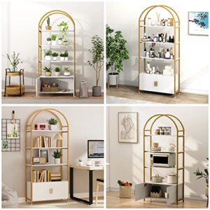 Jehiatek Gold Bookshelf, Arched Bookcase with Doors Storage, 71" Tall Industrial Book Shelf with Sturdy Metal Frame, E1 Quality Boards, Freestanding Display Shelving Unit, White and Gold