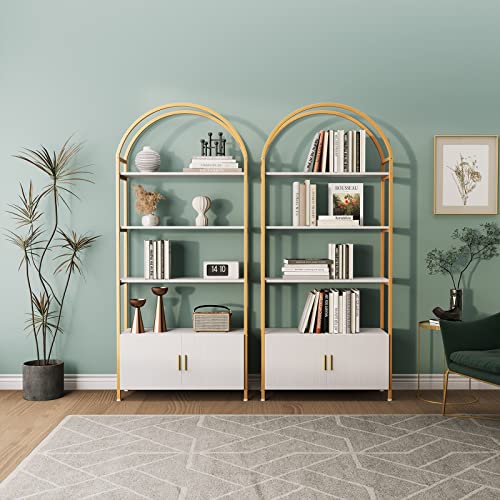 Jehiatek Gold Bookshelf, Arched Bookcase with Doors Storage, 71" Tall Industrial Book Shelf with Sturdy Metal Frame, E1 Quality Boards, Freestanding Display Shelving Unit, White and Gold