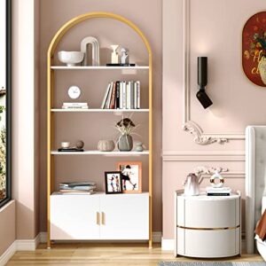 Jehiatek Gold Bookshelf, Arched Bookcase with Doors Storage, 71" Tall Industrial Book Shelf with Sturdy Metal Frame, E1 Quality Boards, Freestanding Display Shelving Unit, White and Gold
