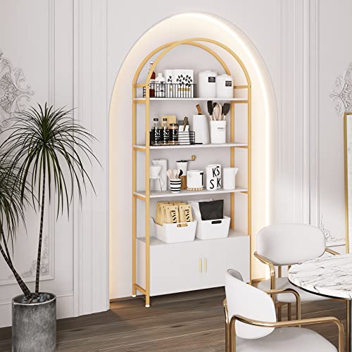 Jehiatek Gold Bookshelf, Arched Bookcase with Doors Storage, 71" Tall Industrial Book Shelf with Sturdy Metal Frame, E1 Quality Boards, Freestanding Display Shelving Unit, White and Gold