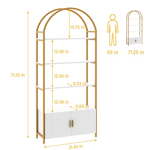 Jehiatek Gold Bookshelf, Arched Bookcase with Doors Storage, 71" Tall Industrial Book Shelf with Sturdy Metal Frame, E1 Quality Boards, Freestanding Display Shelving Unit, White and Gold