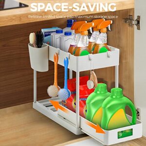 Ravinte 2 Pack Pull Out Under Sink Organizer 2 Tier Multi Purpose Sink Organizers Storage For Bathroom Kitchen Sink Storage Organizer With Hook & Hanging Cup White Sliding Cabinet Organizer