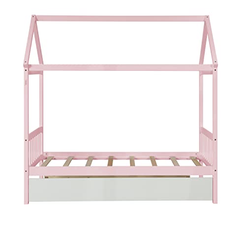 EMKK Twin Bed with Trundle,Kids House Bed Frame Twin Size with Trundle, Wooden Daybed for Boys Girls, can be Decorated, Pink