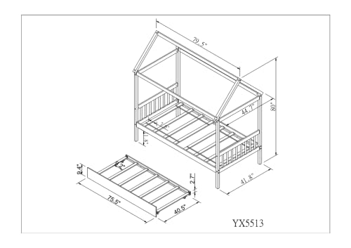 EMKK Twin Bed with Trundle,Kids House Bed Frame Twin Size with Trundle, Wooden Daybed for Boys Girls, can be Decorated, Pink