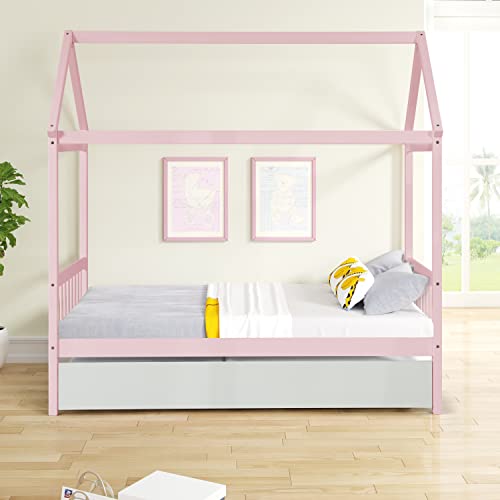 EMKK Twin Bed with Trundle,Kids House Bed Frame Twin Size with Trundle, Wooden Daybed for Boys Girls, can be Decorated, Pink