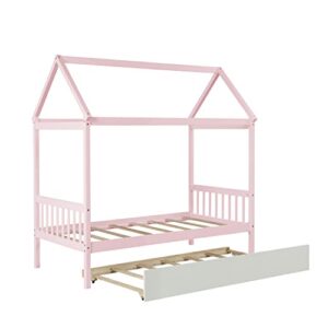 EMKK Twin Bed with Trundle,Kids House Bed Frame Twin Size with Trundle, Wooden Daybed for Boys Girls, can be Decorated, Pink