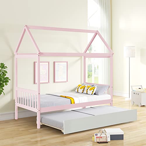 EMKK Twin Bed with Trundle,Kids House Bed Frame Twin Size with Trundle, Wooden Daybed for Boys Girls, can be Decorated, Pink