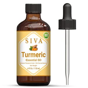 siva turmeric essential oil 4 oz with premium glass dropper – 100% pure, natural, undiluted & therapeutic grade, great for nourished skin & hair, diffuser, aromatherapy, massage, diy soap & candle