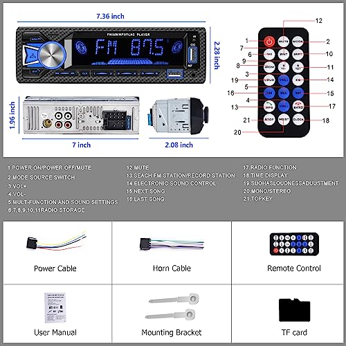 Single Din Car Stereo Marine Radio Bluetooth Hands Free Calling Car Audio Receivers with Digital LCD Display FM Car Radio MP3 Player Quick Charge USB/SD/AUX-in Built-in Microphone + Remote Control