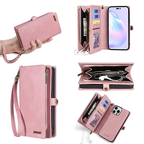 W WINTMING Compatible with iPhone 14 Pro Wallet Case with Card Holder,Leather Zipper Wallet Magnetic Buckle Case, RFID Blocking, with Wrist Strap Classic Leather Folio Phone Case (iPhone 14 Pro,Pink)