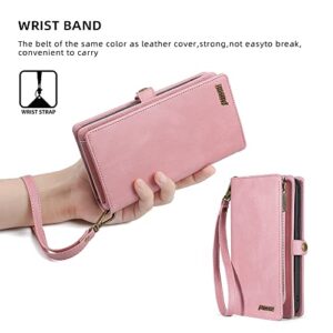 W WINTMING Compatible with iPhone 14 Pro Wallet Case with Card Holder,Leather Zipper Wallet Magnetic Buckle Case, RFID Blocking, with Wrist Strap Classic Leather Folio Phone Case (iPhone 14 Pro,Pink)