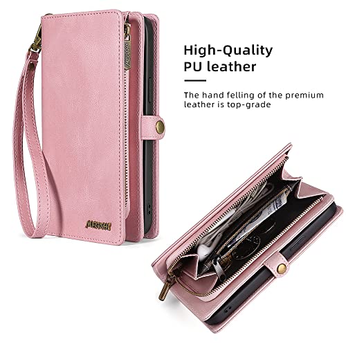 W WINTMING Compatible with iPhone 14 Pro Wallet Case with Card Holder,Leather Zipper Wallet Magnetic Buckle Case, RFID Blocking, with Wrist Strap Classic Leather Folio Phone Case (iPhone 14 Pro,Pink)