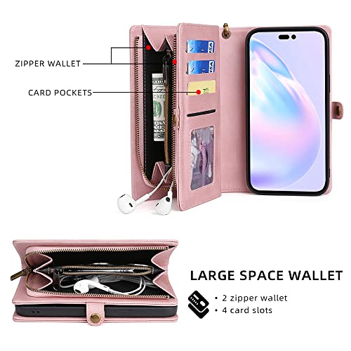 W WINTMING Compatible with iPhone 14 Pro Wallet Case with Card Holder,Leather Zipper Wallet Magnetic Buckle Case, RFID Blocking, with Wrist Strap Classic Leather Folio Phone Case (iPhone 14 Pro,Pink)