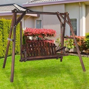 Outvita Patio Porch Swing Set, 67in Wood Log Swing Stand with Bench Loveseat Stable A-Frame for Patio Backyard Deck (Carbonized)