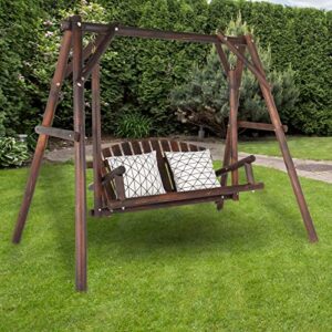 Outvita Patio Porch Swing Set, 67in Wood Log Swing Stand with Bench Loveseat Stable A-Frame for Patio Backyard Deck (Carbonized)