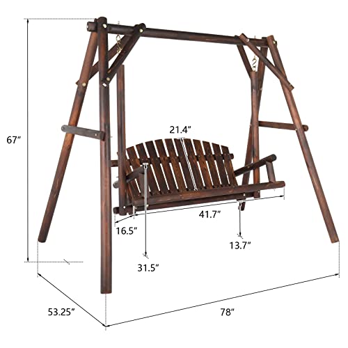 Outvita Patio Porch Swing Set, 67in Wood Log Swing Stand with Bench Loveseat Stable A-Frame for Patio Backyard Deck (Carbonized)