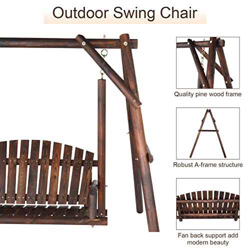 Outvita Patio Porch Swing Set, 67in Wood Log Swing Stand with Bench Loveseat Stable A-Frame for Patio Backyard Deck (Carbonized)