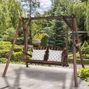 Outvita Patio Porch Swing Set, 67in Wood Log Swing Stand with Bench Loveseat Stable A-Frame for Patio Backyard Deck (Carbonized)