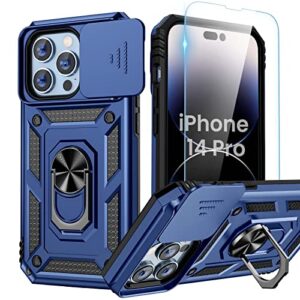 goton for iphone 14 pro case with screen protector - slide camera cover phone case with ring stand, heavy duty military grade shockproof rugged bumper for iphone 14 pro accessories blue