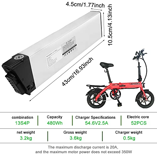 F-wheel Electric Bike Battery,Ebike Battery 48V,10Ah 480Wh Li-ion Ebike Conversion Kit with Battery, Electric Bike Motor Kit with Battery for Max 350W (Silver)