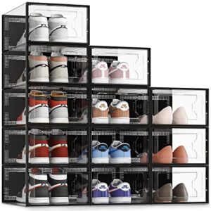 see srping xx-large 12 pack shoe storage box, clear plastic stackable shoe organizer for closet, shoe rack sneaker containers bins holders fit up to size 14 (black)