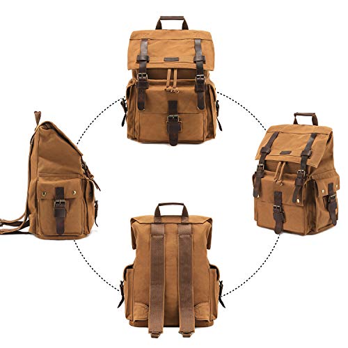 Kattee Men's Leather Canvas Backpack Large Bag Travel Rucksack Khaki