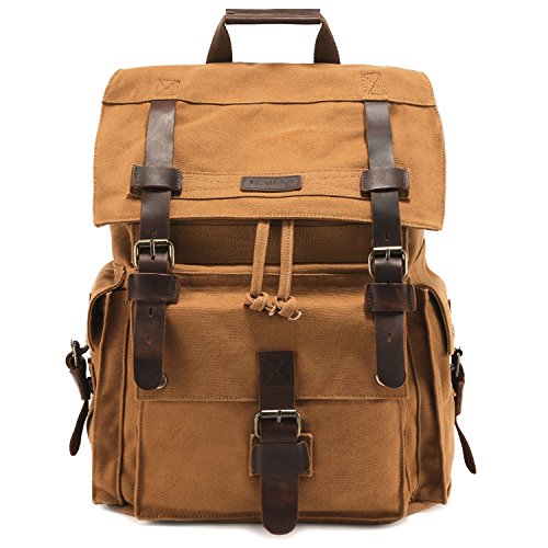 Kattee Men's Leather Canvas Backpack Large Bag Travel Rucksack Khaki